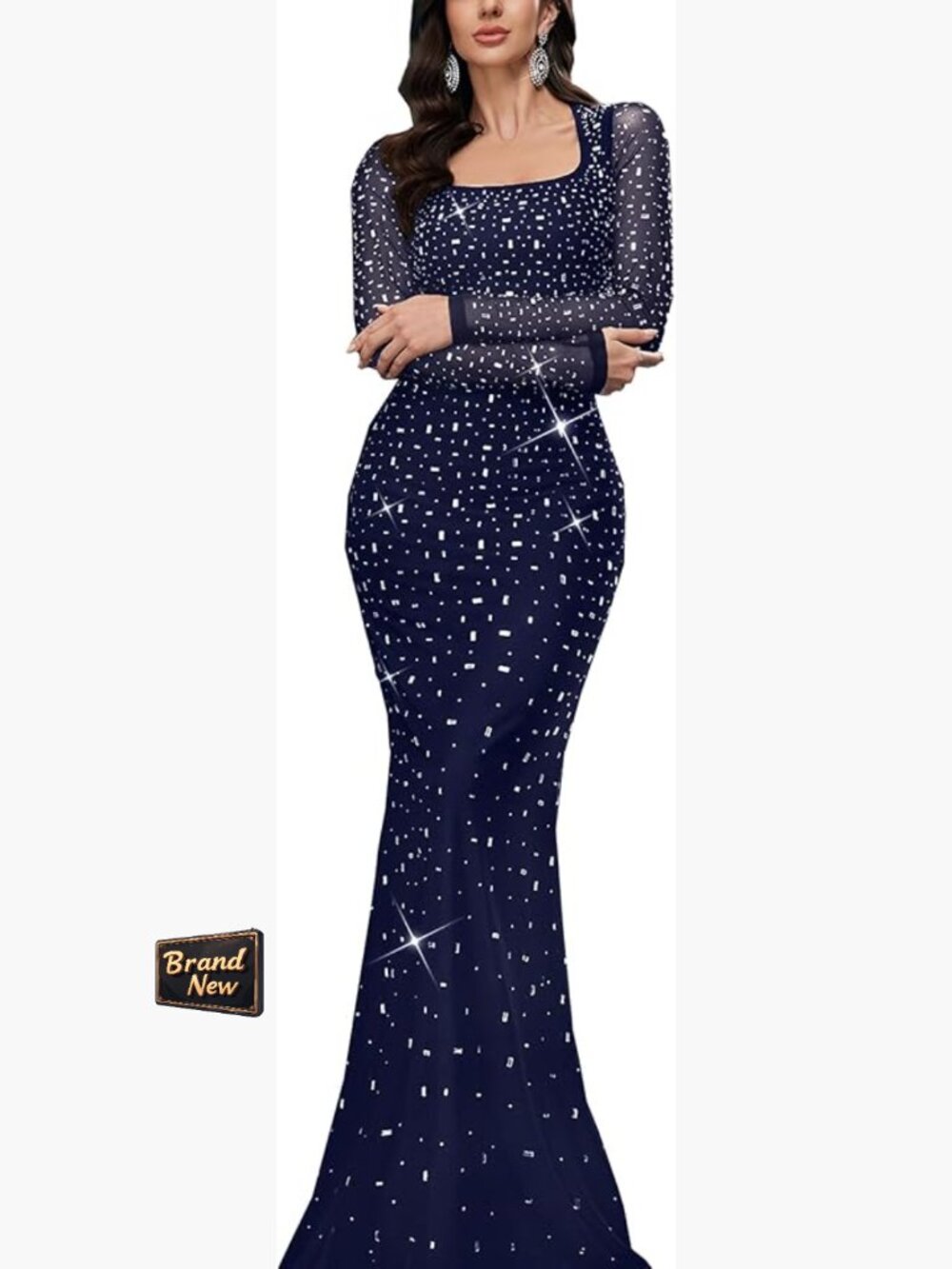 Women Sequin Mermaid Prom Dress Long Sleeve Rhinestone Evening Gown